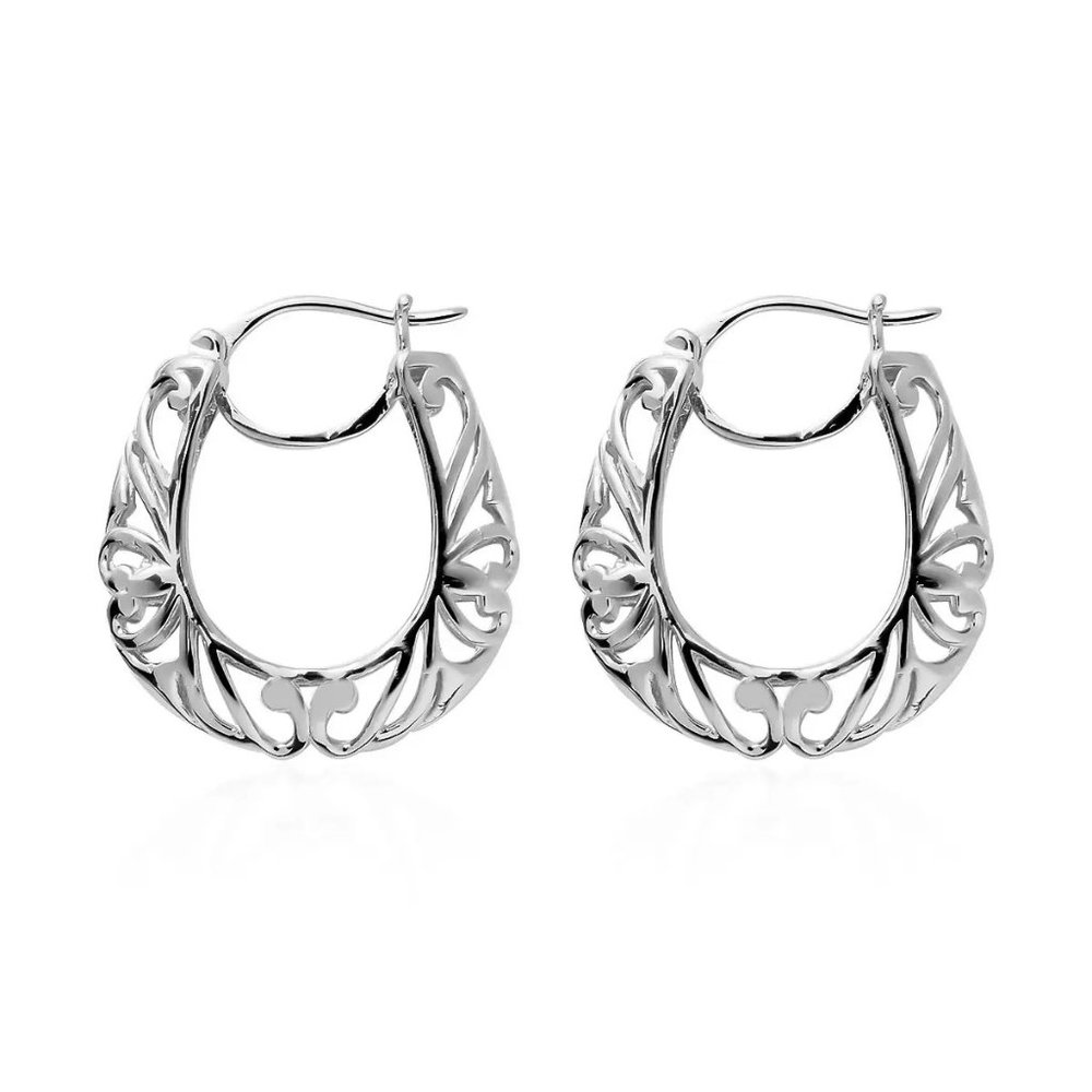 Beautiful Karis Hoop Earrings Pair in Platinum Bond Over Brass Filigree Pattern